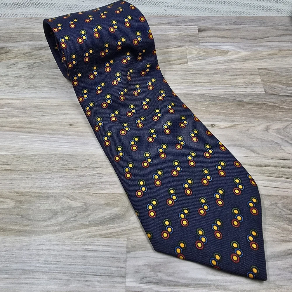 Bowring Arundel &‎ Co navy blue 100% silk yellow gold polka dot tie 56